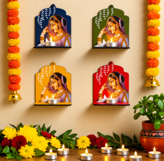 Wooden Jharokha Wall Hanging (diya Candle - Included) Tealight Holder Set | Traditional Diya Stand Shelf for Diwali Decoration Items for Home & Pooja Room Décor