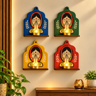 Wooden Jharokha Wall Hanging (diya Candle – Included) Tealight Holder Set | Traditional Diya Stand Shelf for Diwali Decoration
