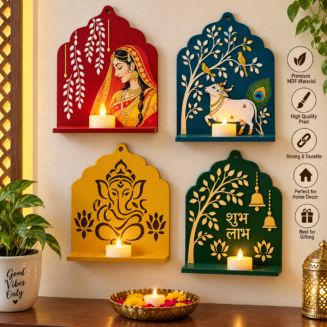 Wooden Jharokha Wall Hanging (diya Candle – Included) Tealight Holder Set | Traditional Diya Stand Shelf for Diwali Decoration